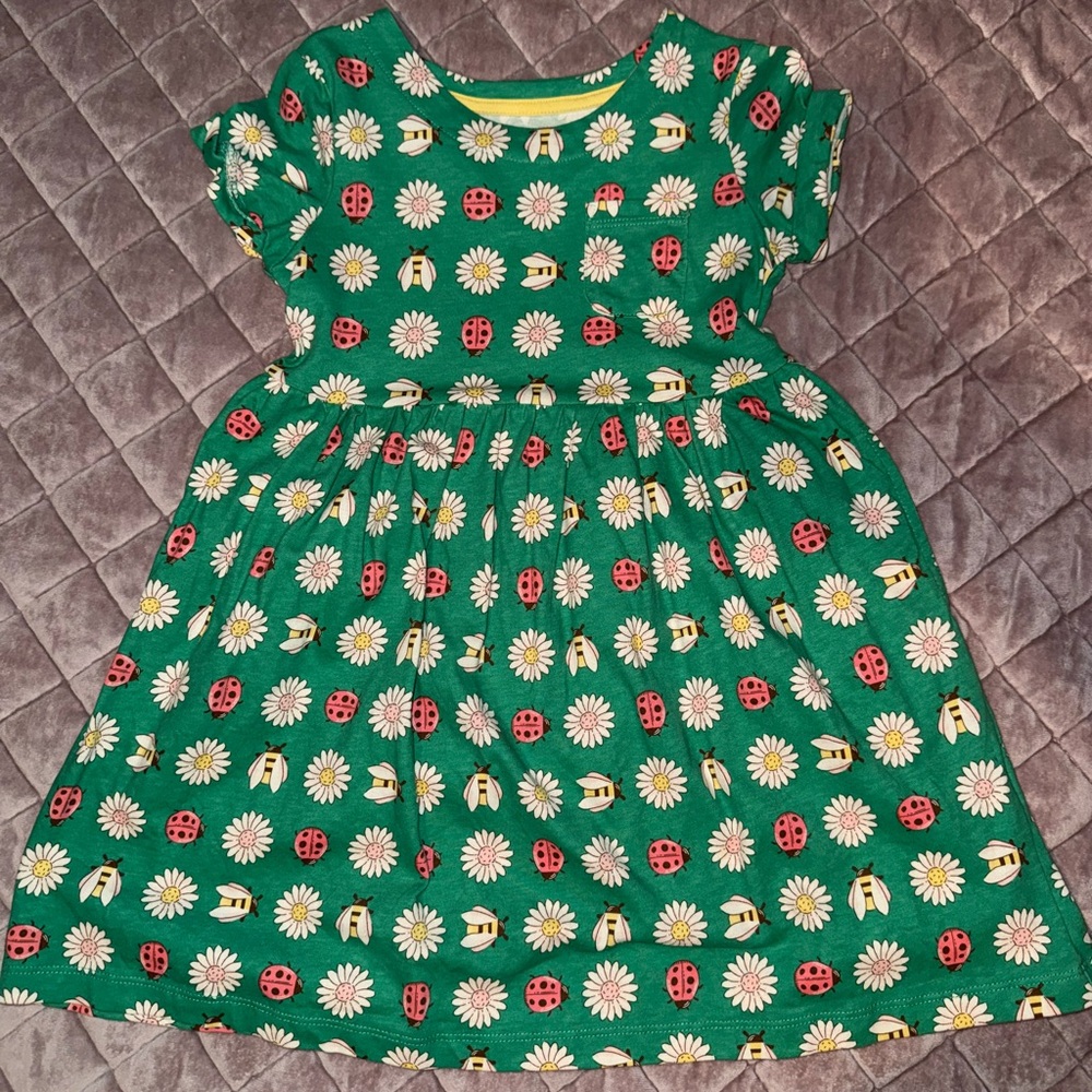 Mini Boden Green Dress with Ladybug and Daisy Pattern